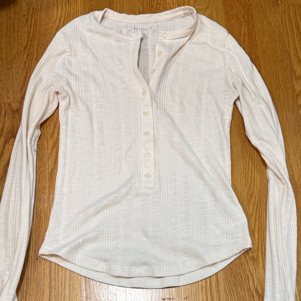 American Eagle Outfitters Cream Long Sleeve Henley